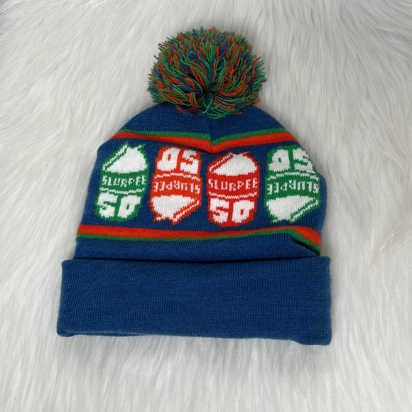 7 11 50th Anniversary Slurpee Beanie Toque Blue Hat with Pom - Picture 2 of 6